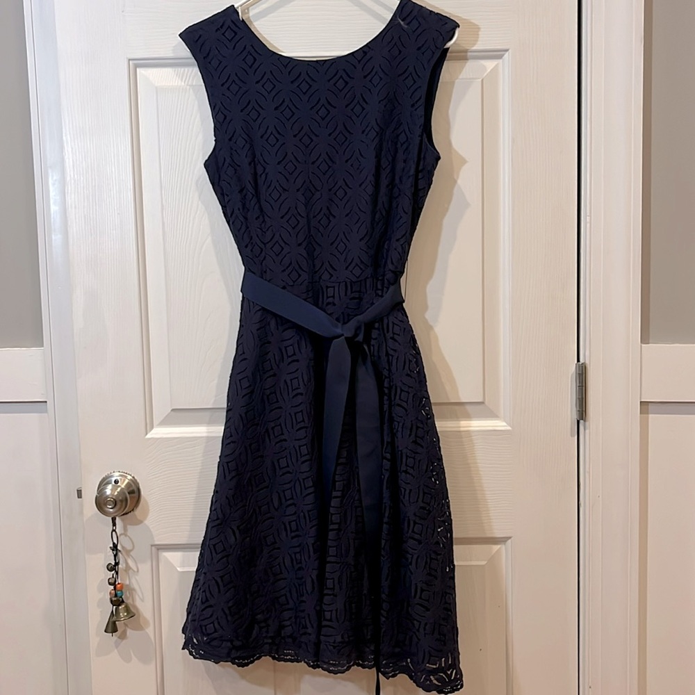 ALEX MARIE Navy Blue Crochet Lace Sleeveless Fit & Flare Ribbon Waist Tie Dress